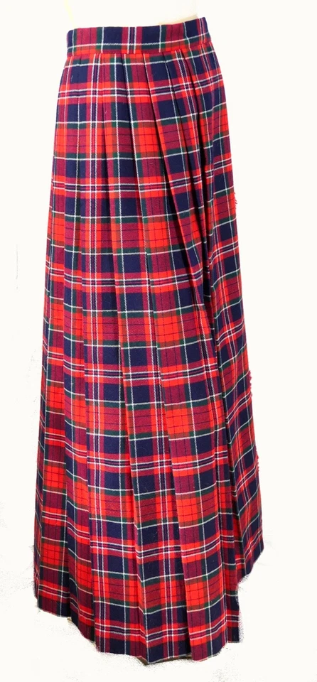 70s Vintage Wool Tartan Red Plaid Mod Fringe Pleated Wrap Around Maxi Skirt Sz S - Image 4 of 4