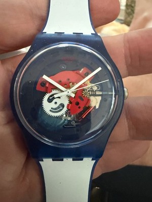 Swatch Gent Translucent Blue Plastic Skeleton Swiss Quartz 34mm Watch Red White