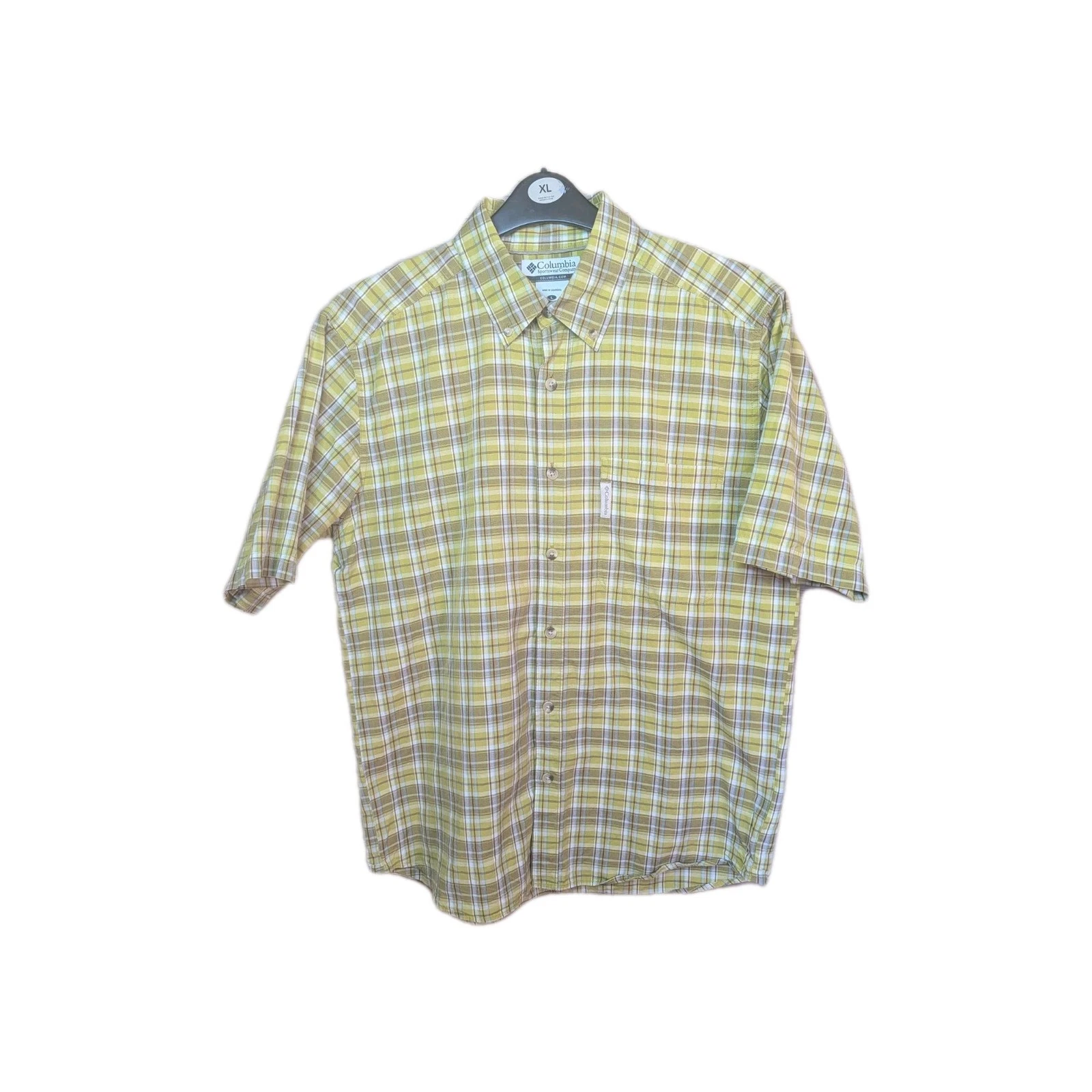 Columbia Men’s Short Sleeve Plaid Shirt Large L Green Checked Hiking Casual