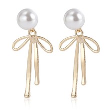 Elegant Gold Silver Color Bow Stud Earrings for Women Trendy Imitation Pearl Bow