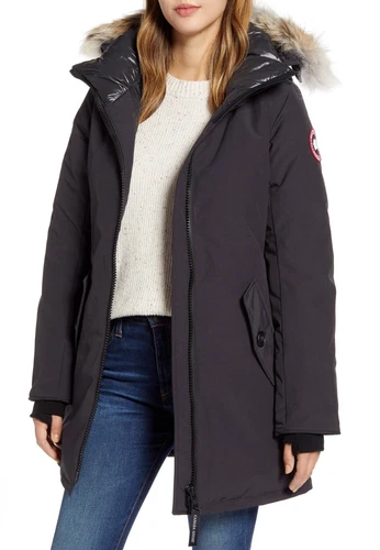 Parka piumino CANADA GOOSE donna 'Rosemont' pelliccia di coyote orlo blu navy taglia XS NUOVO