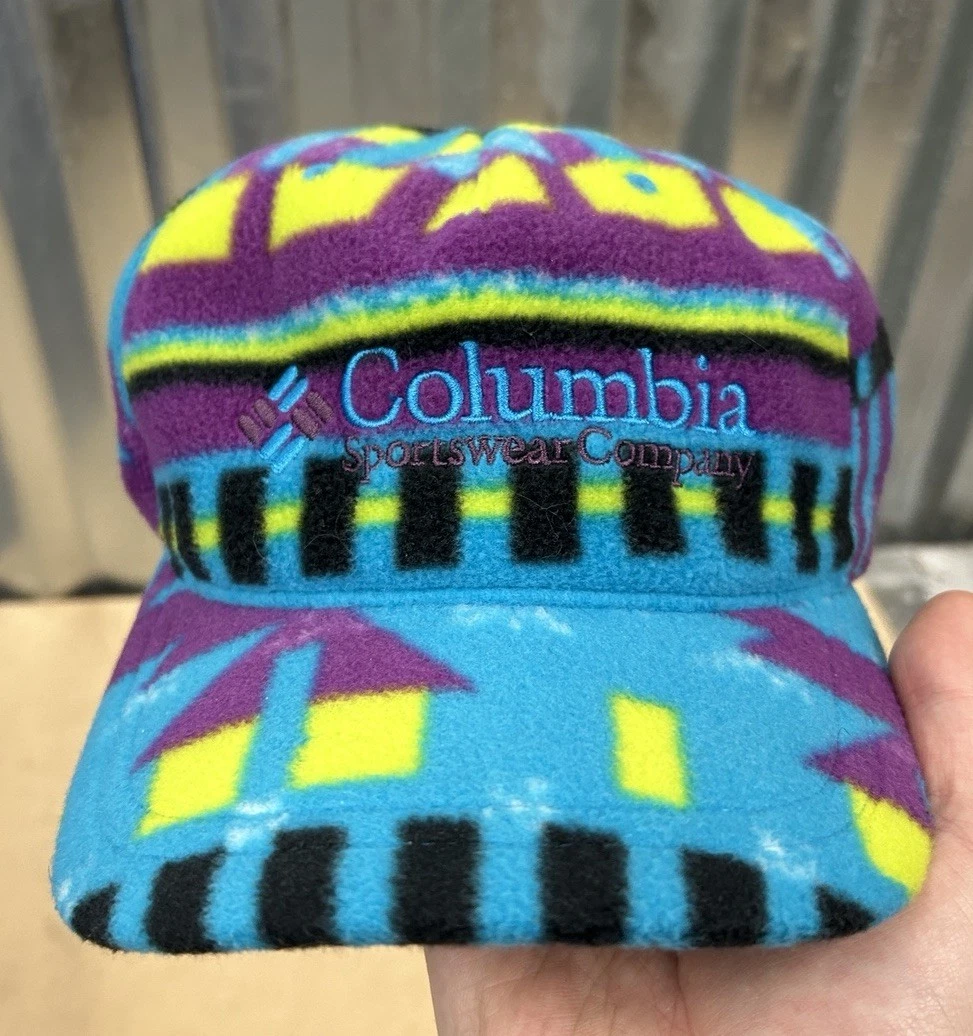 Vintage Columbia Aztec Fleece Blanket Pattern Elastic Back Hat Made In USA L/XL