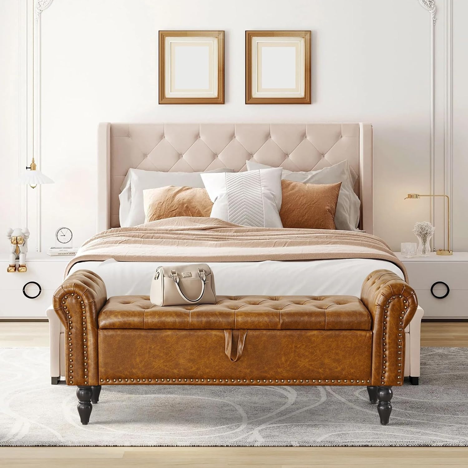 Furniliving Storage Ottoman Bench, Leather Benches End of Bed Bench with Solid W