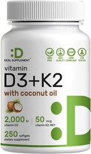 DEAL SUPPLEMENT Vitamin D3 2,000 IU  K2 MK7 50mcg Softgels  2-in-1 Complex...