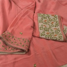 Sanskriti Vintage Peach Sarees Pure Crepe Hand Embroidered Sari 6Yd Craft Fabric