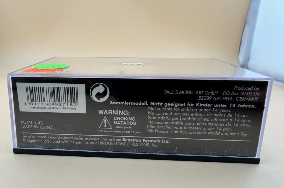 Minichamps F1 1/43 #6 Benetton Playlife B198 A. Wurz 430 980006 NUEVO Foto 4 de 4