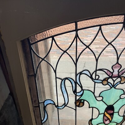 洋書 Architectural Stained Glass SG4149 antique arch top stained glass window 29.5 H by 30 W