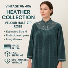 Vintage Heather Velour Robe Half Zip Embroidered USA 70s 80s Dark Teal M