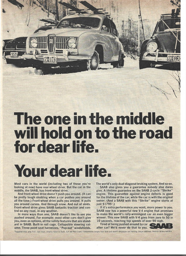 Original 1967 Saab vintage print ad: "The one in the middle will hold on for...