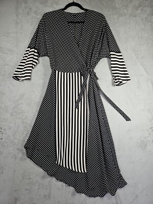Topshop Black Ivory Polka Dot Striped 3/4 Slv Wrap Dress Belted