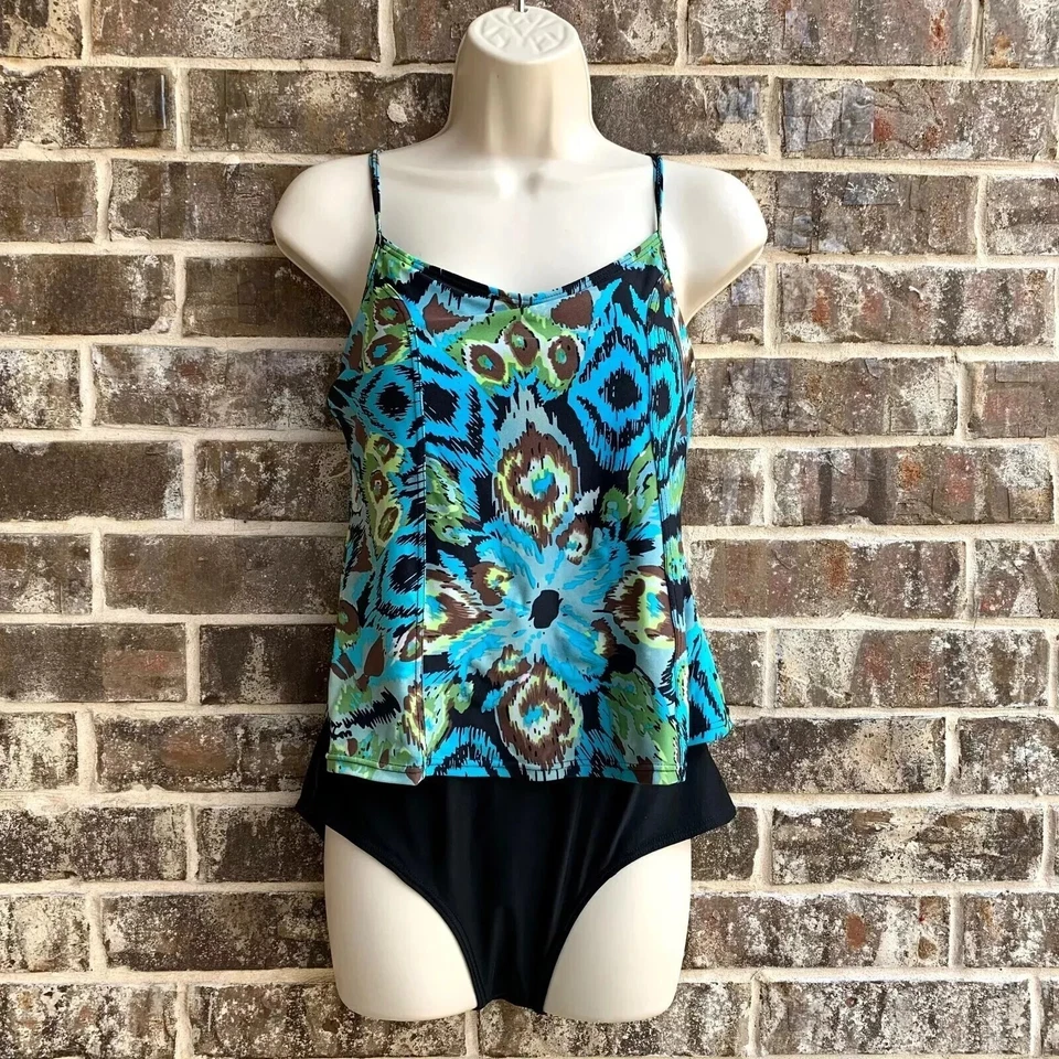 Elegante traje de baño antiguo de una pieza para mujer - negro y turquesa talla M días de playa Foto 3 de 4
