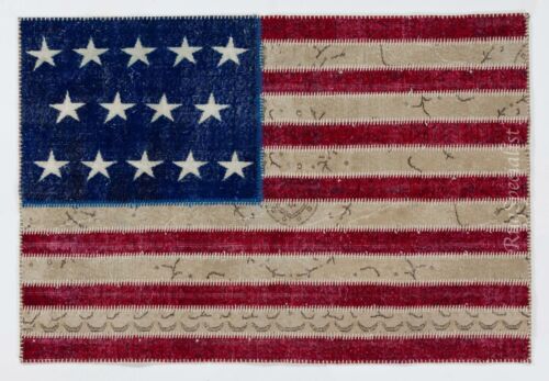 American Flag Design Patchwork Rug Made from ReDyed Vintage Carpets, Custom Opti - Afbeelding 1 van 5