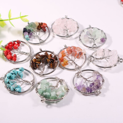 7 Chakra Tree of Life pendulum Necklace Quartz Natural Stone Pendant 9pcs 30mm