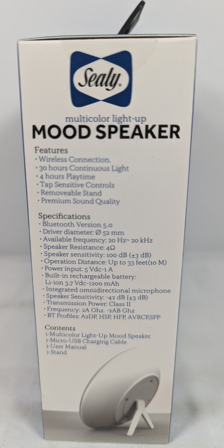 Sealy Multicolor LightUp Mood Speaker Bluetooth Removable Stand Tap