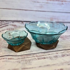 VTG Mid-Century Modern Aquamarine Blue Chip & Dip Serving Bowls Anchor Hocking