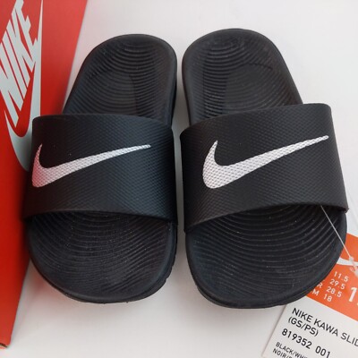 Nike Kawa Slide Youth Girls Size 12 Black White Sandals Soft NEW
