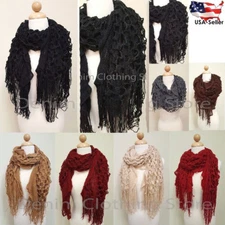 Women's Warm Winter Ruffle Long Scarf Knit Shawl Wrap Cowl Fringe Infinity Loop 