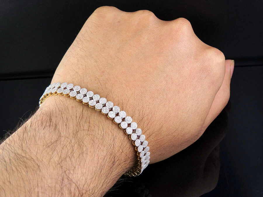 Brazalete Unisex Oro Amarillo 10K Diamante Genuino 8MM Dos Filas Racimo 2.7 CT 7" Foto 4 de 4