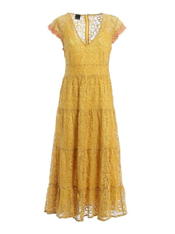 ワンピース PINKO Woman Dress Yellow 104955A0IM C23 Pinko Yellow Macrame Lace Tiered Midi Dress Sz 4 US Romantic