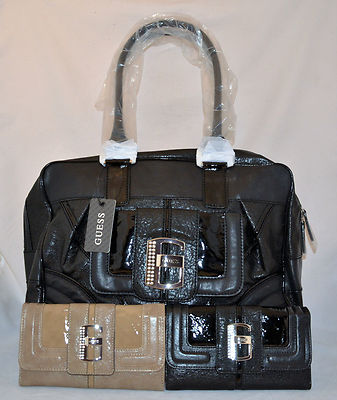 GUESS Castle Rock Shopper Tote Bag Purse Wallet Checkbook Set Black Camel New