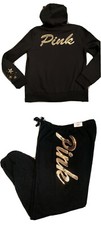 Victoria Secret PINK Bling Hoodie  Pants Set Black / Rose Gold Sz S Stars