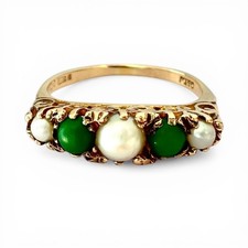 Pearl & Green Stone 9ct Gold Ring - Vintage - London 1966 Hallmarked - Size N