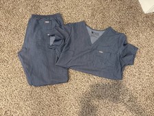 Figs Heather Denim Catarina Top And Yola Straight Leg Scrub Set EUC