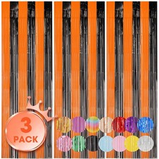 3 Pack Black Orange Foil Fringe Backdrop Curtains 3.3x8.2ft Tinsel Decor