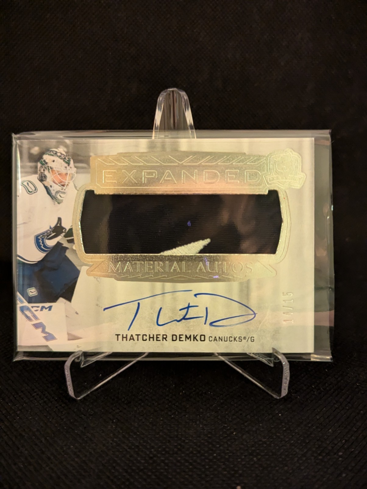 Thatcher Demko #EM-TD Hockey Cards 2024 Upper Deck The Cup Expanded Materials Autograph trading card — raw and PSA graded price guide