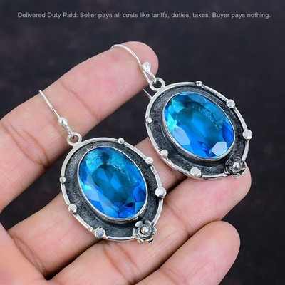 925 Silver Swiss Blue Topaz Stone Bezel Drop Hook Wife Wedding Birthday Earrings