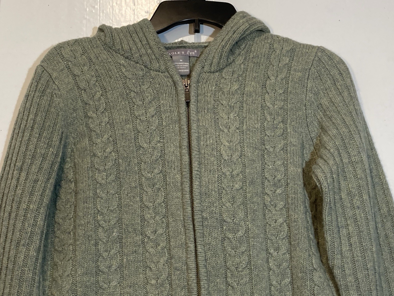 Eagles Eye Wool Full Zip Hooded Cable Knit Cardigan Sweater Womens Size M Green