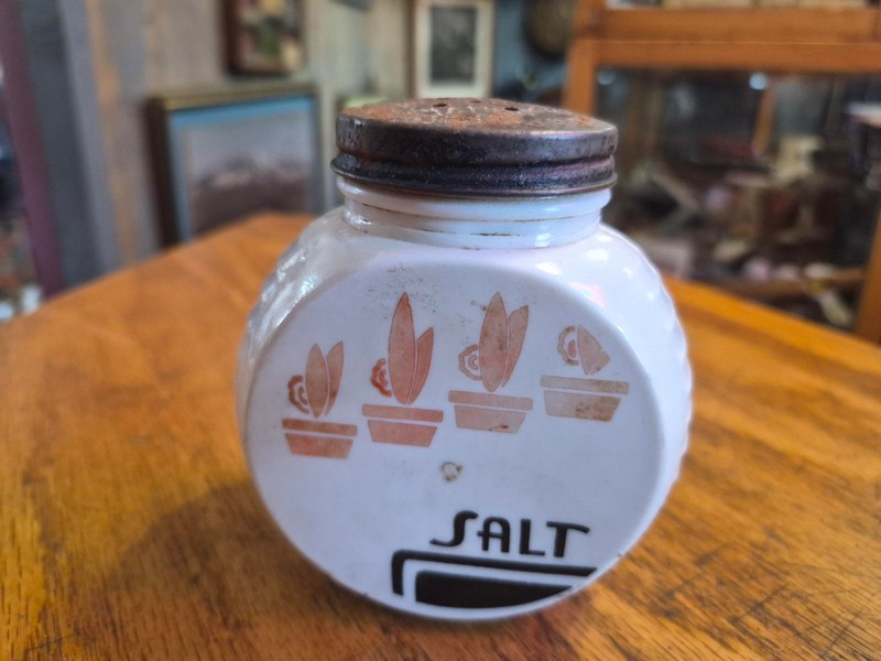 Vintage 1950s Milk Glass black/white/red pat. 4 1/2" kitchen salt shaker