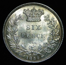 1834 William IV SIXPENCE (Small Date), Bare Head Silver Coin - SUPERB  RARE