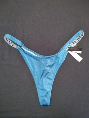 New Vicroria's Secret Swim Shine Strap Teal Blue Thong Bikini Bottom LG NWT