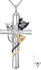 Cat Cross Urn Necklace for Ashes 925 Sterling Silver Cremation Keepsake Jewelry