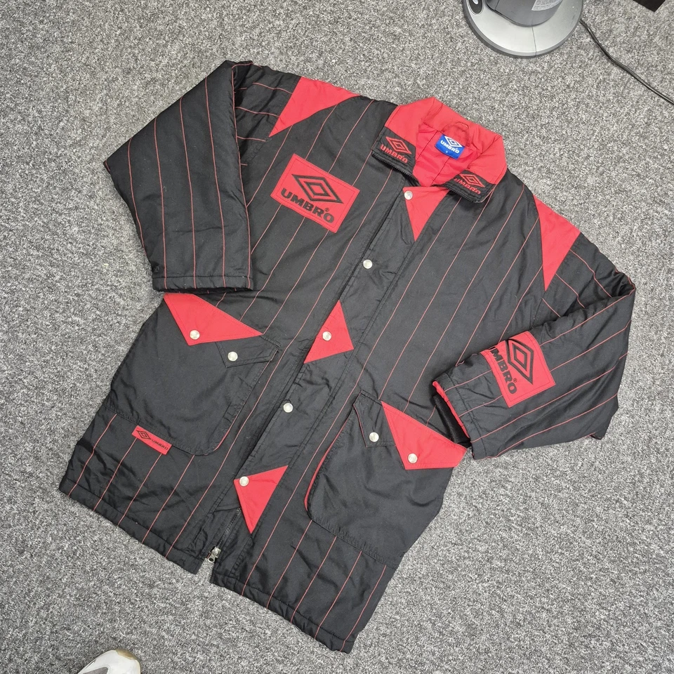 Vintage Excellent 90s Umbro Template Coach Bench Jacket Black Red Medium - Image 2 of 4