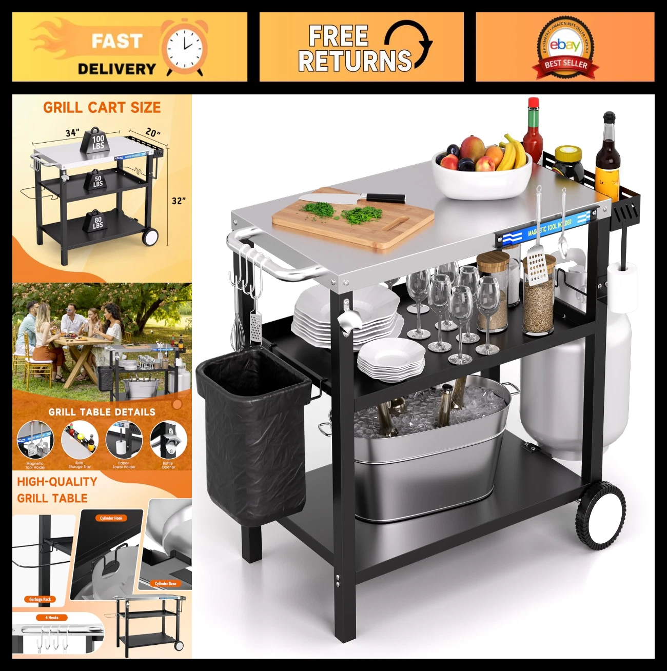 Stainless Steel Grill Cart with 3 Shelves, Movable Pizza Oven Table & Side Tray,