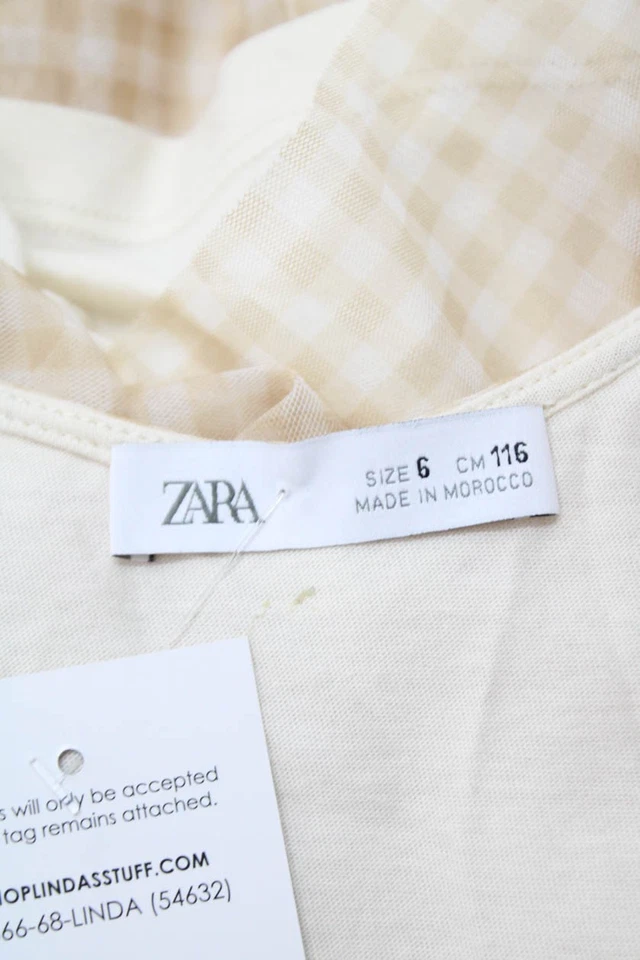 Vestido Zara Niñas Transparente Detalle Capas Estampado Guinga Manga Abullonada Beige Talla 6 Foto 4 de 4