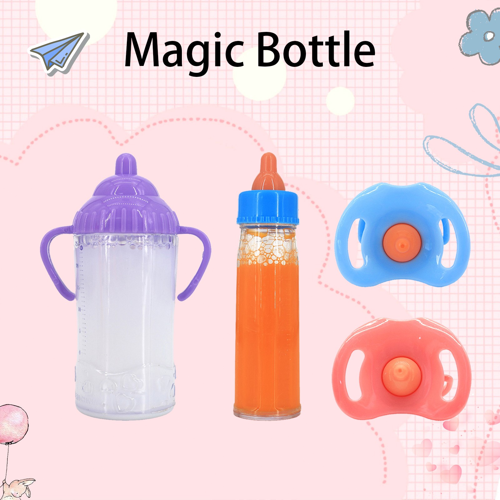  4PCS Doll Feeding Set - Realistic Magic Bottles & Cute Pacifier for Baby Dolls