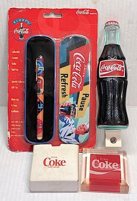 1990's Coca-Cola Coke ITEMS; Bottle Night Light, Pen in Tin, Acrylic Paperweight