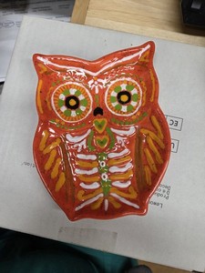Ceramic Owl Spoon Rest, Catch-All, Coin Dish, Orange Green Mix, 6 Inch