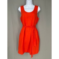 Loft Dress Womens 8 Orange Mini Linen Belted Pockets Summer Beachy Sleeveless