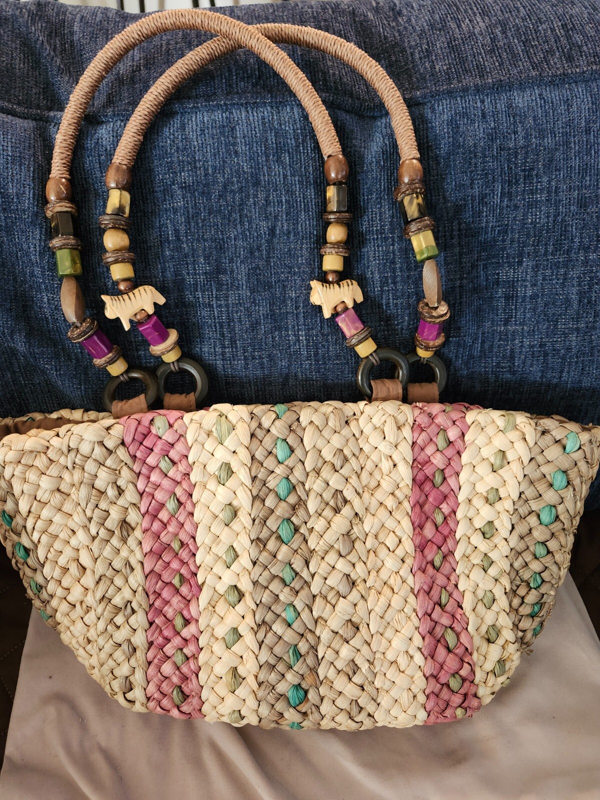 Cappelli Straw Handbag With Beautiful Beaded Handels