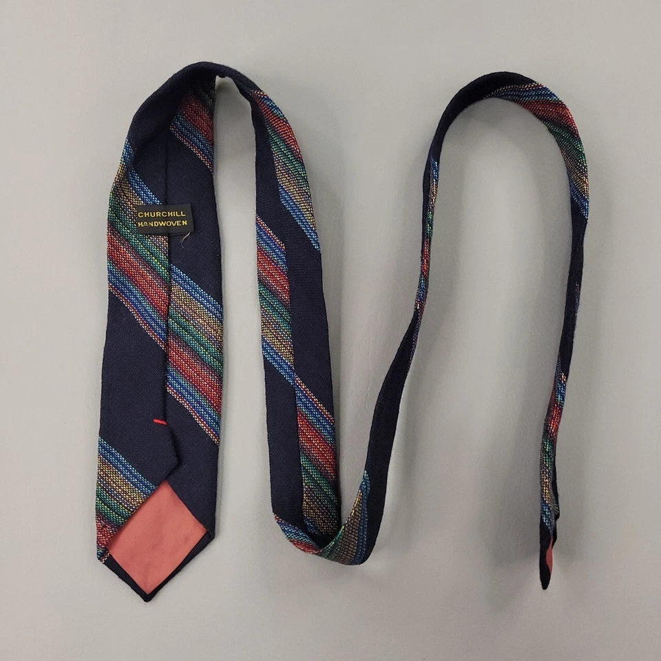 Corbata Churchill vintage para hombre azul colorida rayas ajustada corta tejida franela de lana Foto 2 de 4