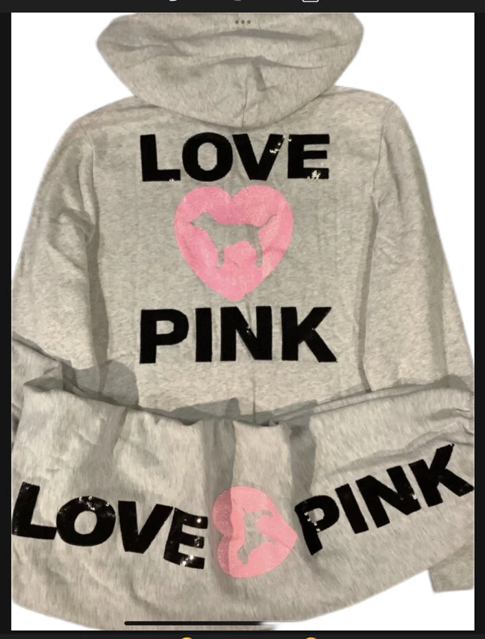 Victorias Secret Pink Bling Hoodie Campus Pants Set Heather Gray Dog NWT  XS-XXL