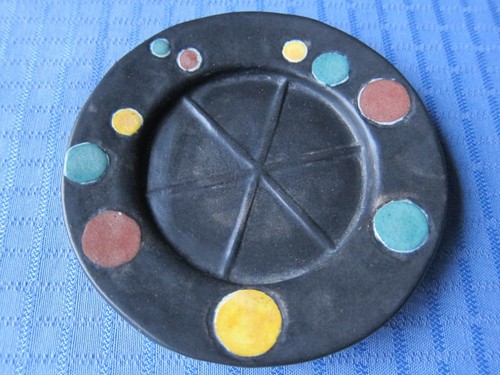 Hand crafted ceramic dish, Black with multiple colored dots - Picture 1 of 4