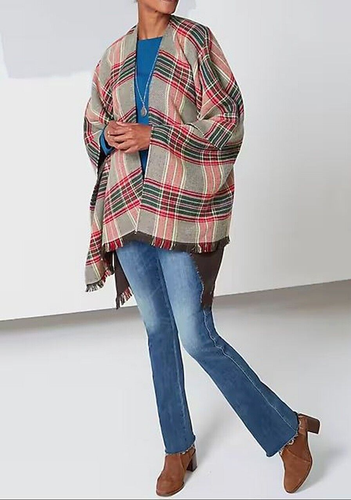 NWT J Jill Fringe-Trimmed Plaid Ruana Open Front Poncho Wrap Red Rose ...