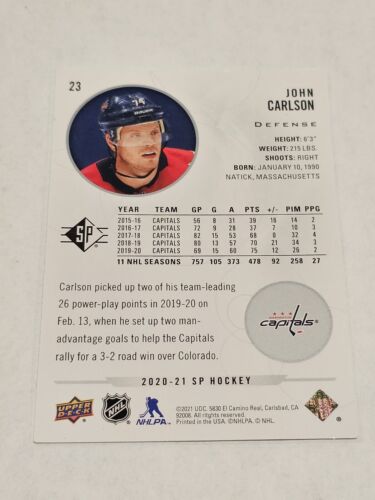 2020-21 SP Hockey Card John Carlson Washington Capitals #23 - Picture 2 of 2