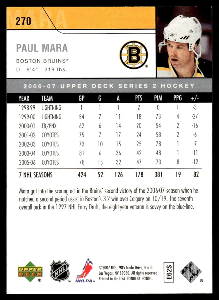 2006 Upper Deck #270 Paul Mara - Boston Bruins - Image 2 of 2