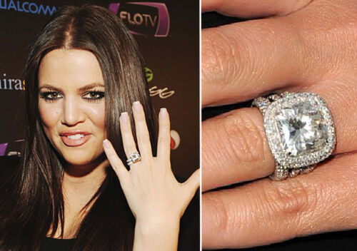 6ct Cushion CZ Khloe Kardashian Celebrity halo cluster Engagement Ring Set - Afbeelding 1 van 9